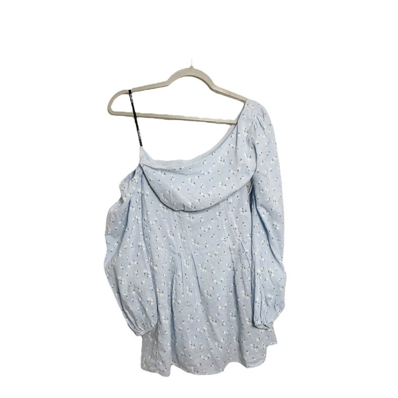 Majorelle Mandy One Shoulder Dress Mini Linen Blend Ditsy Floral Blue Size Small - Picture 2 of 7